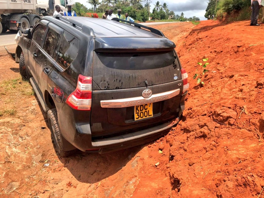 A police handout image of the car that landed into a ditch in a self-involved accident in Kilifi County on Monday.