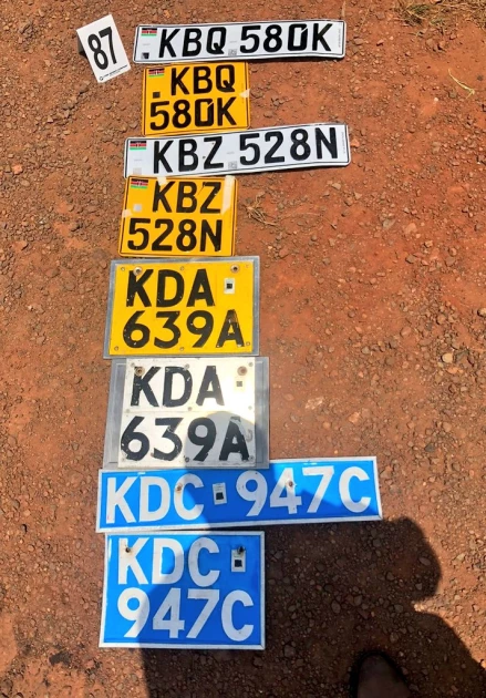 A police handout image of registration plates found inside the car that landed into a ditch in a self-involved accident in Kilifi County on Monday.