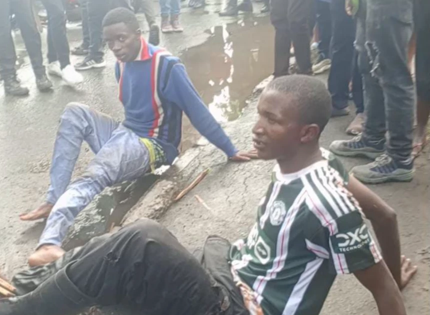 Two suspected thugs on motorbike beaten by angry mob after snatching phone in Kilimani