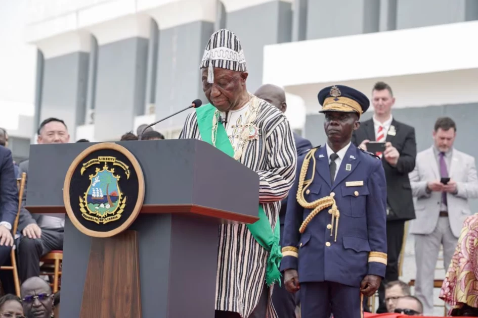 Liberia President Boakai helped off podium after failing to complete inauguration speech