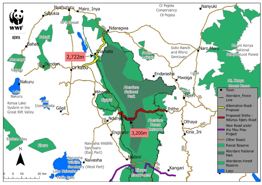 A map of Aberdare National Park and Forest Reserve shows the proposed Ndunyu Njeru-Ihithe Road alignment, surrounding road connectivity, and elevation variations. | FILE/HANDOUT/WWF-Kenya.