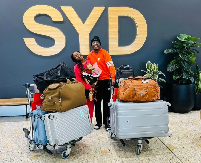 Abel Mutua and wife Judy Nyawira arrive in Australia for the popular 'Jyuuce Party'