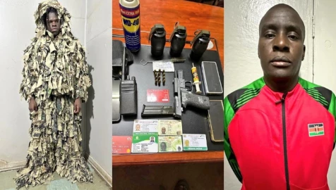 Gun, grenades, sniper ghillie suit seized as fake 'KDF commando' evading alcoblow arrested in Nairobi