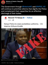 FALSE: CS Kithure Kindiki has not said that Kenya police officers will wear pocketless uniforms