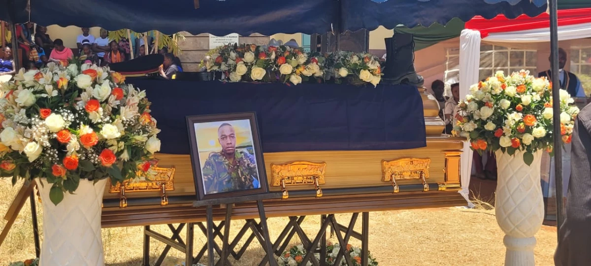 The casket of John Mutua, a police officer killed after an Improvised Explosive Device (IED) detonated at Dadaab in Garrisa County on February 24, 2023, during his burial in Masewani, Machakos County, on March 7, 2023. | PHOTO: ENOCK MUSWII/CITIZEN DIGITAL