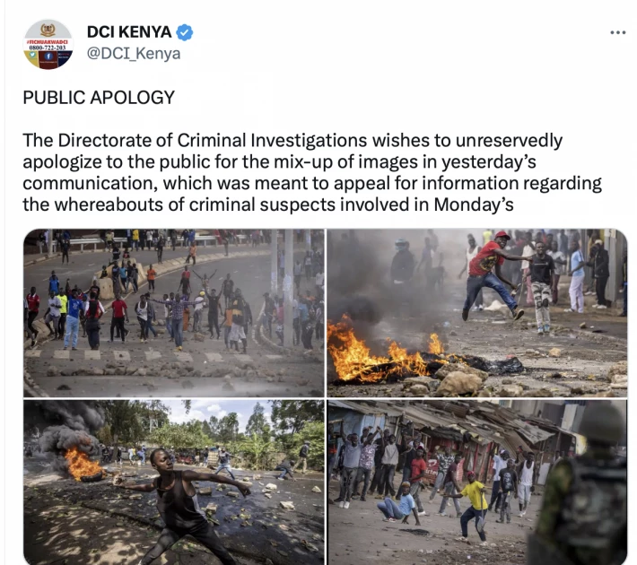  DCI bows to pressure, issues apology for using wrong photos of chaos during Maandamano rally