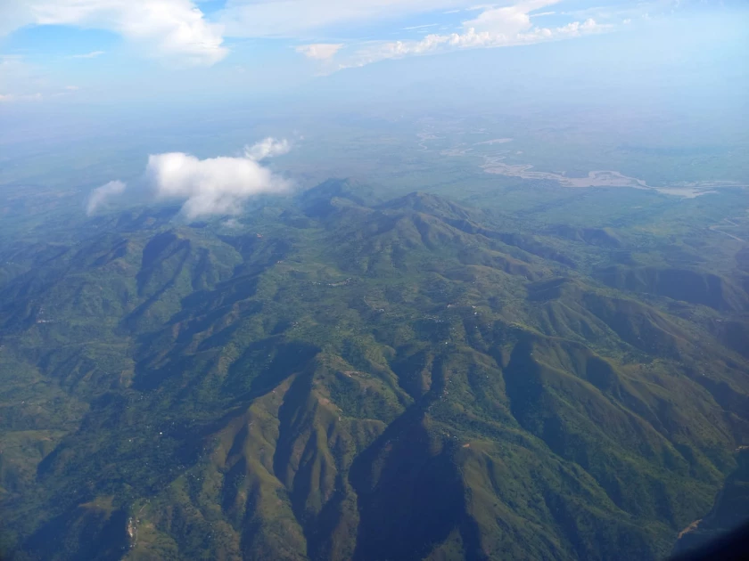 An aerial view showing Virunga mountains. 