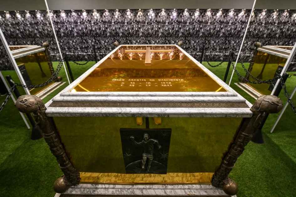 Detailed view of the coffin of late Brazilian football star Pele, in his mausoleum at the Ecumenical Necropolis Memorial cemetery in Santos, Brazil on May 15, 2023.