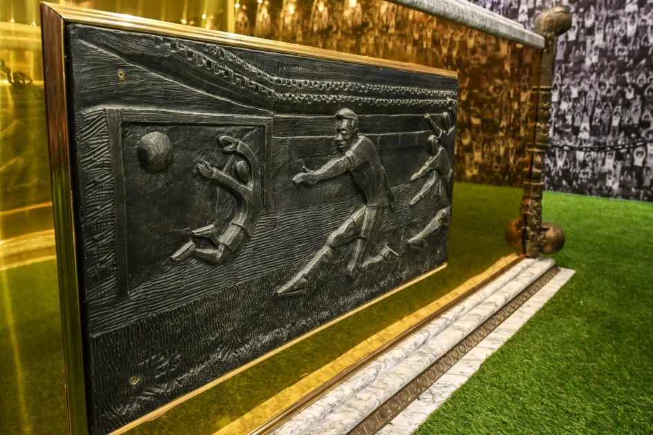 Detailed view of the coffin of late Brazilian football star Pele, in his mausoleum at the Ecumenical Necropolis Memorial cemetery in Santos, Brazil on May 15, 2023.